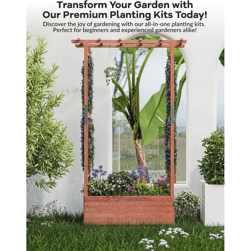 GarveeLie Raised Garden Bed with Trellis, 45 in Wood Planter Box with Side Trellis, Hanging Roo, and 4 Drainage Holes, reestandi