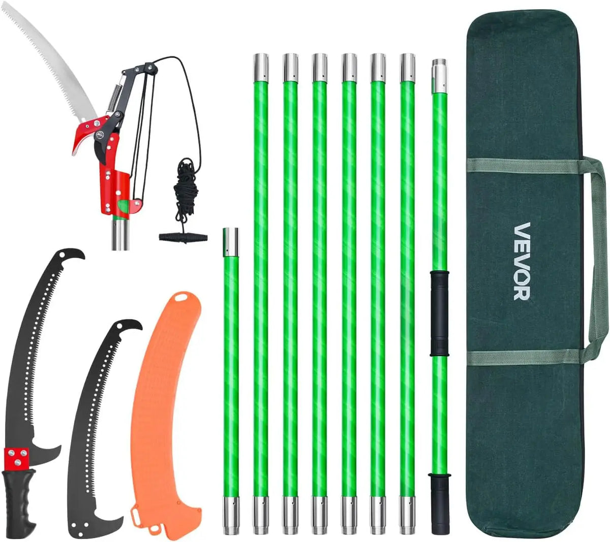 VEVOR 7.3-27 ft Extendable Pole Saw 8 Fiberglass Handles Steel Blade Scissors Tree Pruner for Palms Shrubs