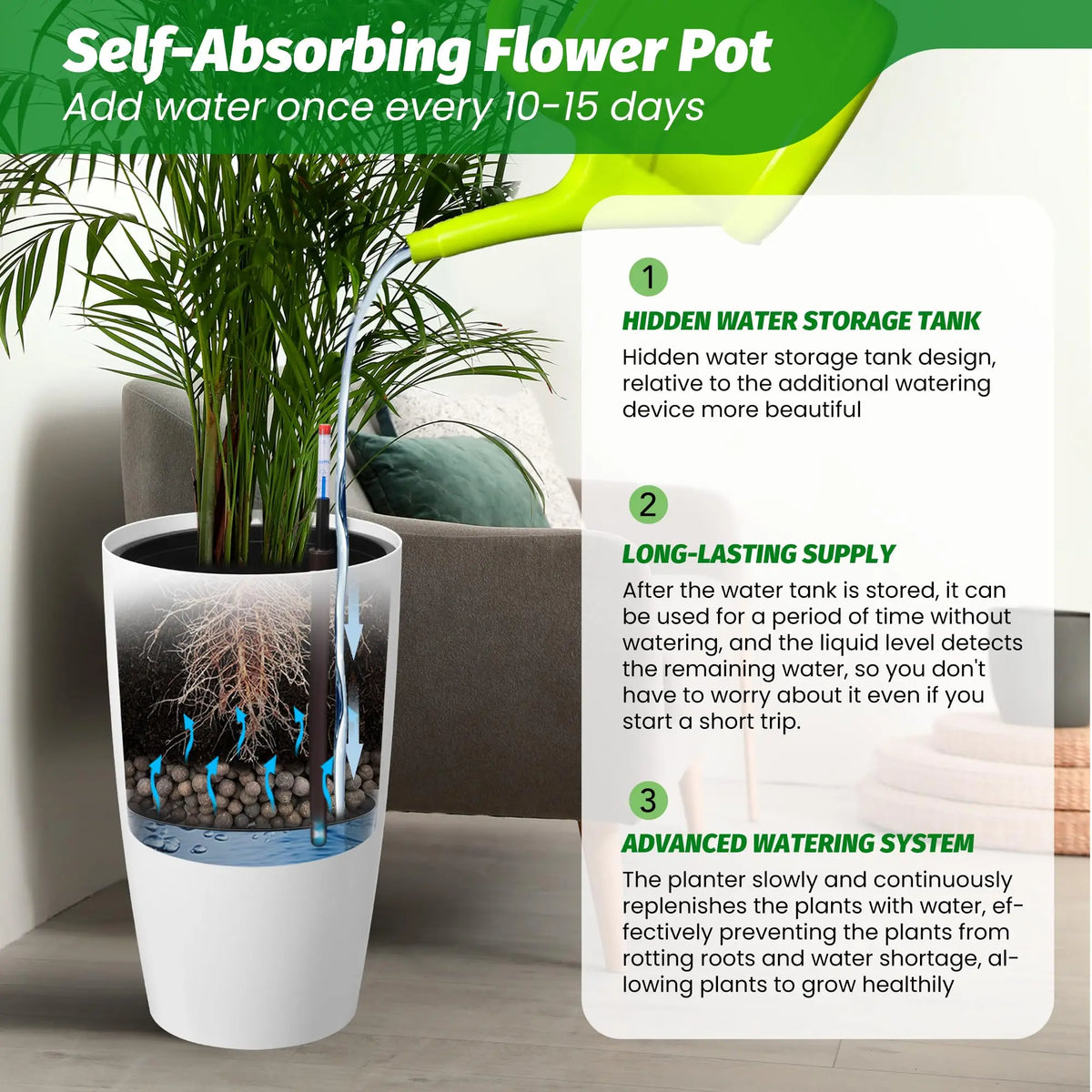 Set of 2 Tall Self Watering Planters – 15.7"/22.5" Large Indoor/Outdoor Flower Pots – Modern Design with Built-in Drainage & Water Level Monitor – Perfect for Patio, Porch, Living Room, Office