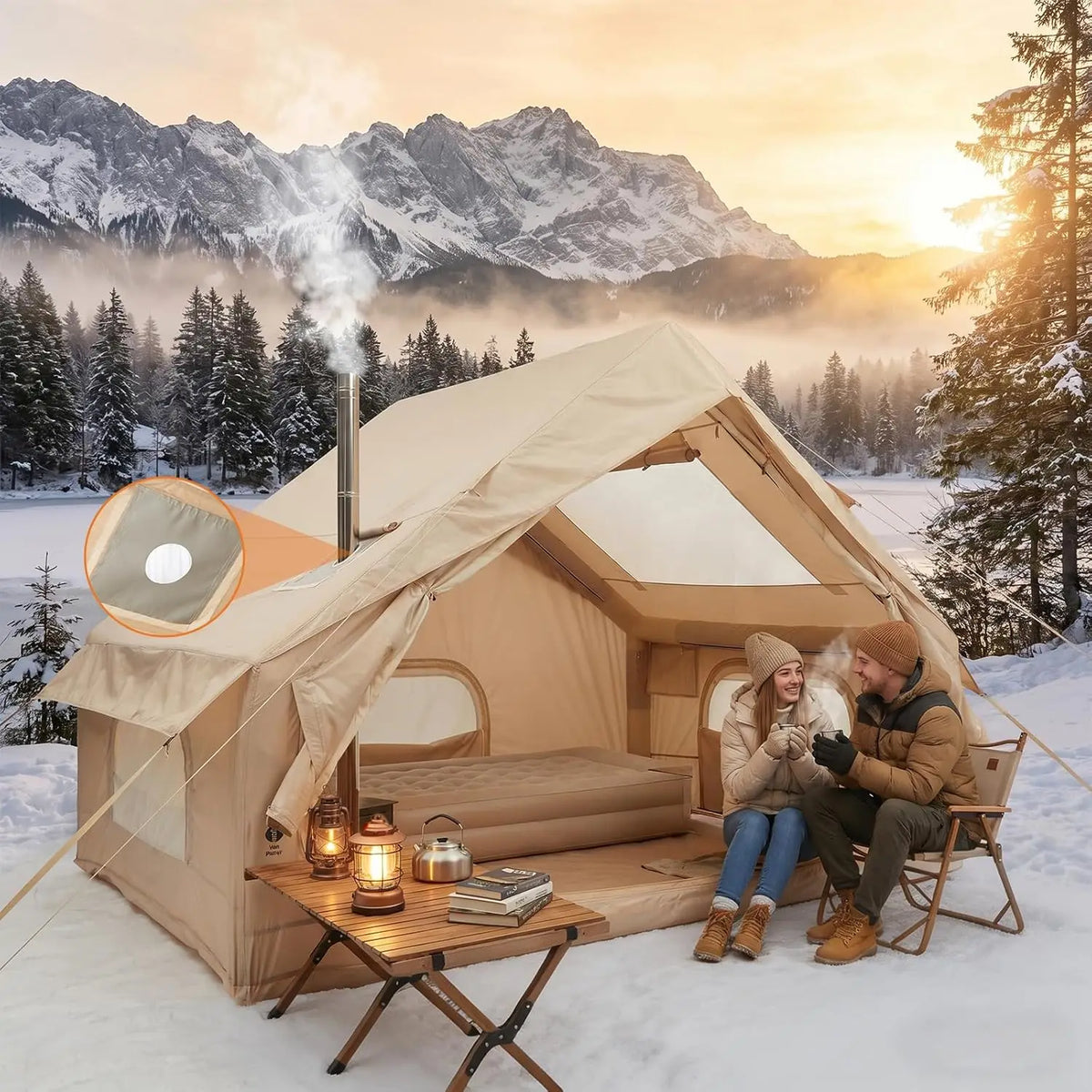 Inflatable Camping Tent 4 Person 4 Season Waterproof Family Air Tent with Hand Pump 5 Min Setup Stove Jack Mesh Windows Skylight 210D Oxford Fabric 63 Sq Ft Floor Portable for Hiking Fishing Beach Fall Winter