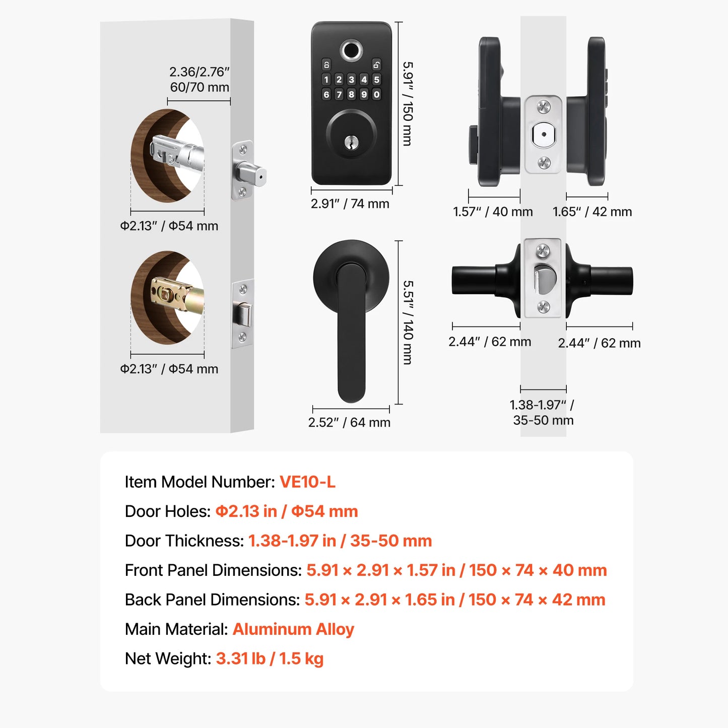 SucceBuy Fingerprint Door Lock Set Electronic Biometric Deadbolt Keyless Entry Door with Handle Easy-Grip Matte Black/Silver