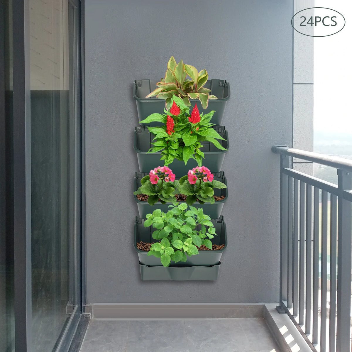24 Pockets Army Green Hanging Vertical Wall Planter PP Silicone Vertical Garden Planter Hanging Wall-mounted for Indoor Outdoor