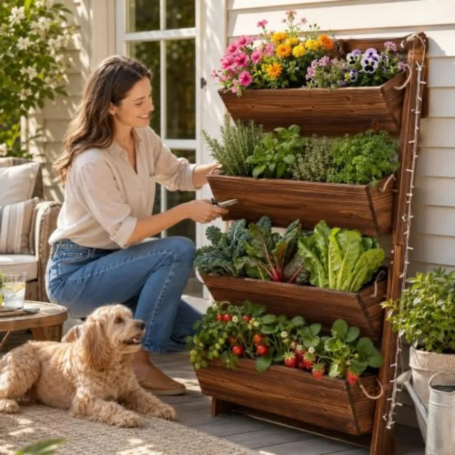 Outdoor Vertical Garden Planter For Herbs And Flowers, Wooden 4-Tier Wall-Leaning Design With Led Lights And Drainage, Natural