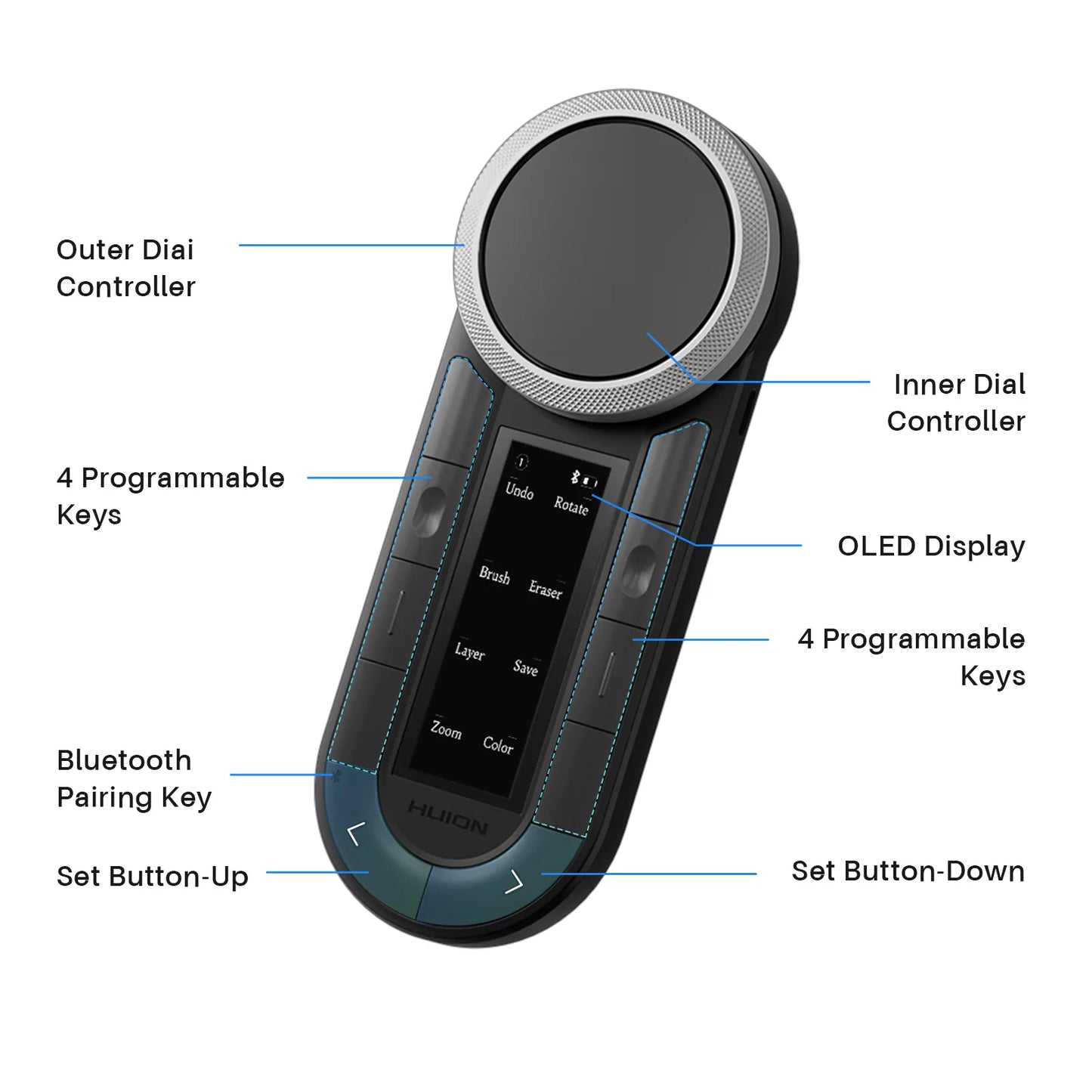 Huion Keydial Remote Mini Wireless Keyboard Dual-dial Controller Bluetooth Connect to Computer Windows macOS iPadOS iOS Android