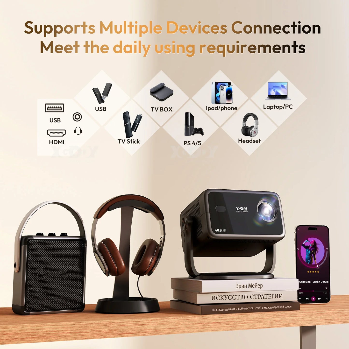 XGODY 4K Android Projector Keystone WiFi 6 BT FivePointFour