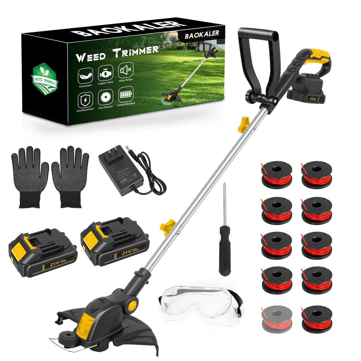 3 In1 Cordless String Trimmer 12-Inch 90° Rotatable Electric Lawn Mower Lightweight Brushless 9650RPM 10 Spools 2x2.0Ah Batteries & Charger for Lawn Garden Power Tool