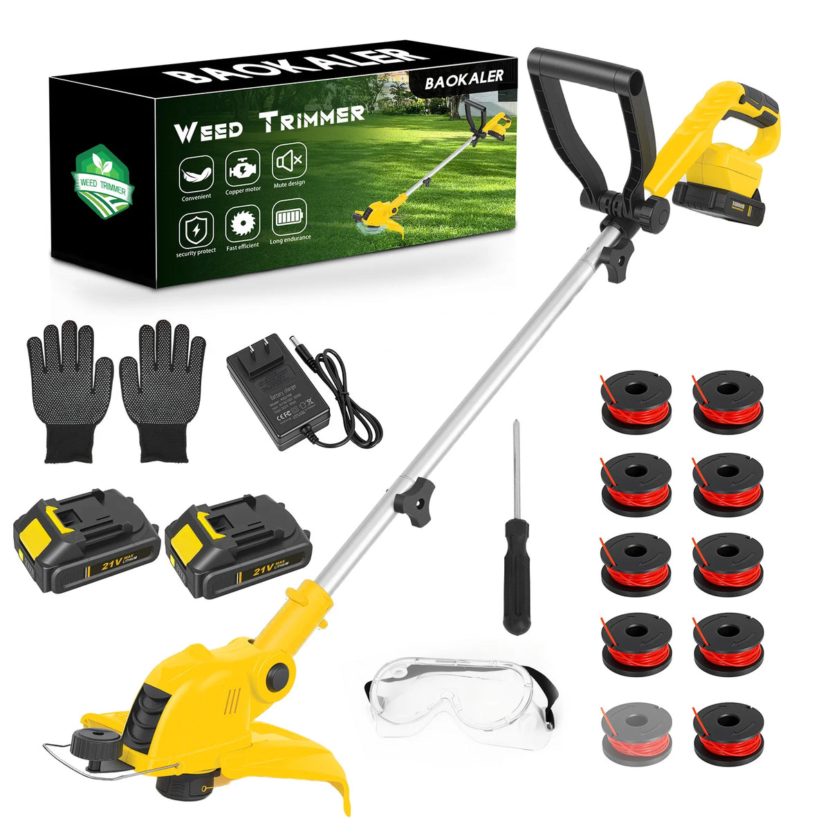 3 In1 Cordless String Trimmer 12-Inch 90° Rotatable Electric Lawn Mower Lightweight Brushless 9650RPM 10 Spools 2x2.0Ah Batteries & Charger for Lawn Garden Power Tool