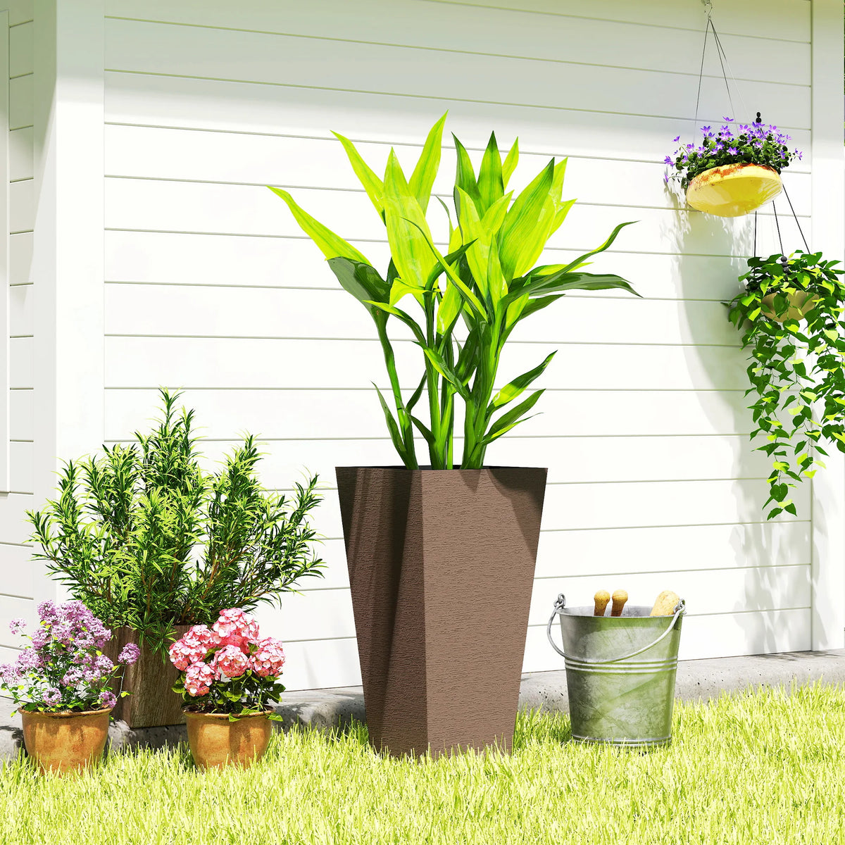 23 Inch Tall Planters, Set of 2 Tapered Outdoor Planters, Brown