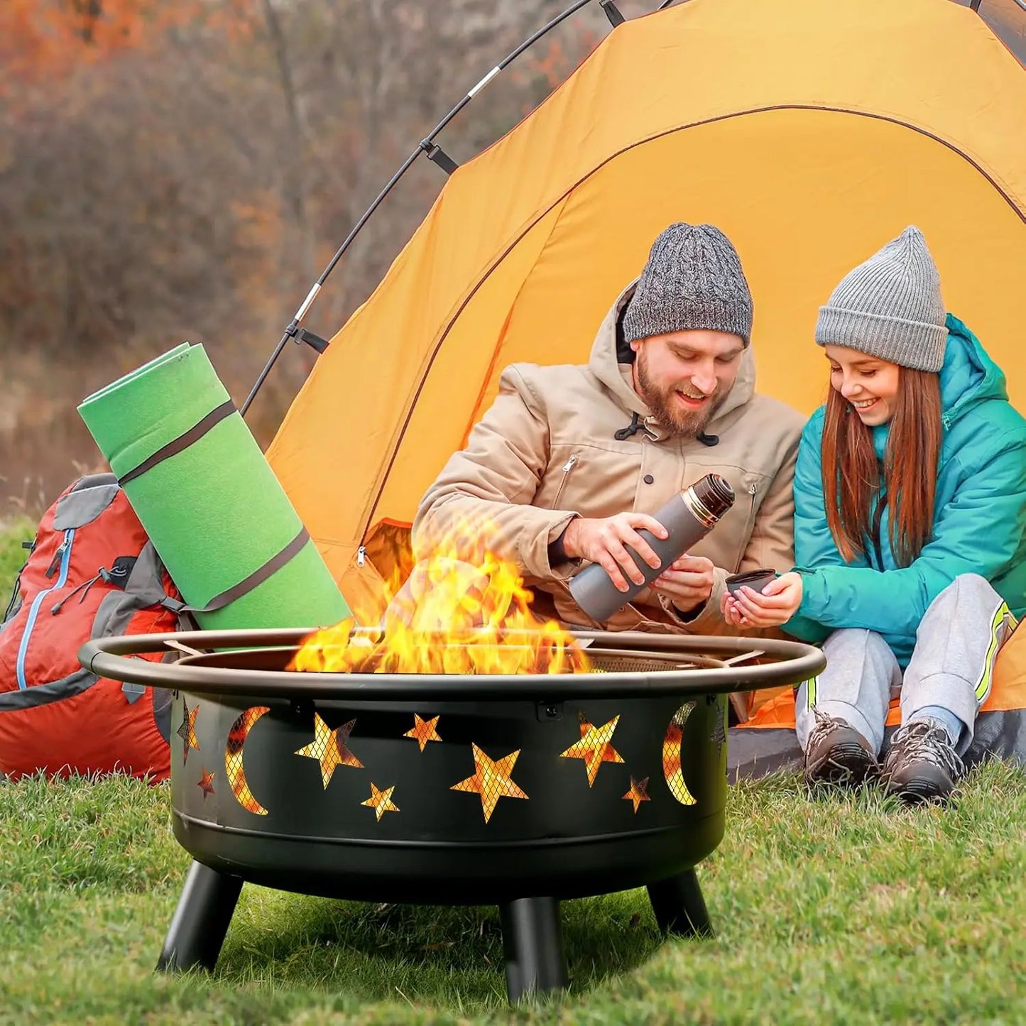 Round Fire Pit With Mesh Cover Star Moon Design Outdoor