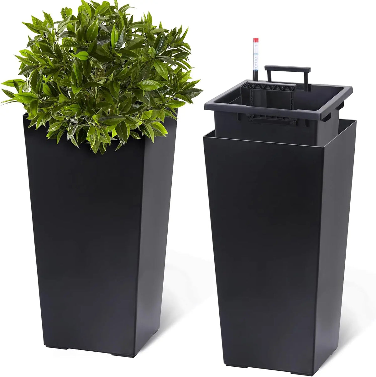 Tacleekii 22.5" 30"Tall Rectangular Planters Set of 2 Large Modern Plant Pots with Drainage Holes＆Water Level Monitor＆Wheels Outdoor and Indoor for Patio Porch Living Room Home Office