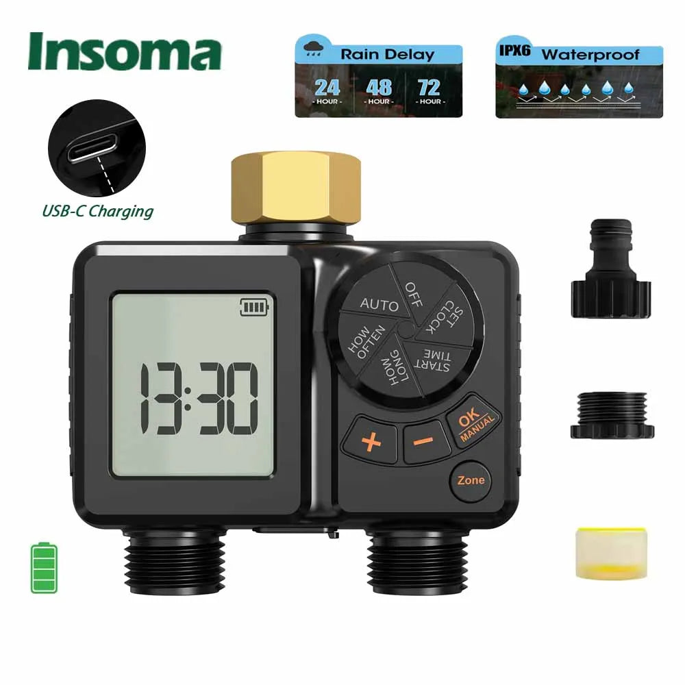 INSOMA IPX6 Garden Water Timer With Display USB C Rechargeable