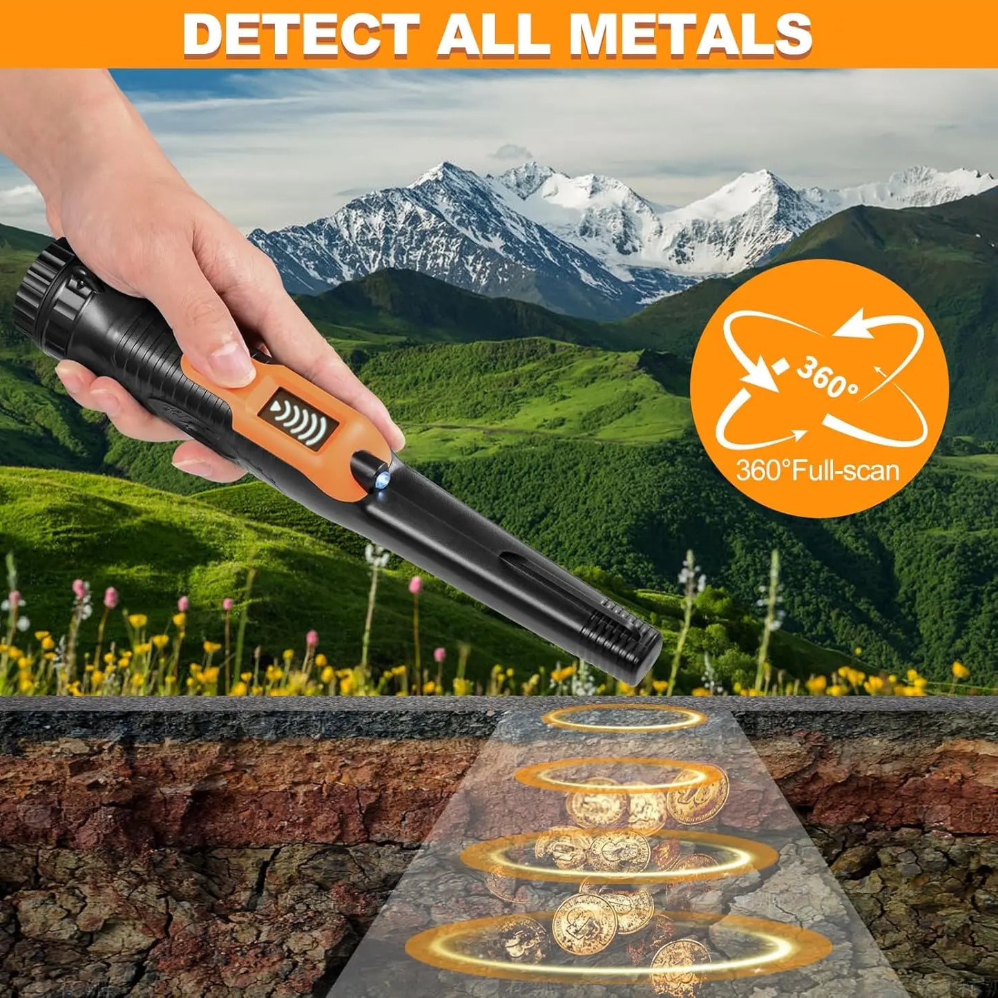 Fully Waterproof LCD Display Handheld Pinpointer Metal Detector with LED Flashlight 3 Alert Mode 360 Degree Searching Small Pin
