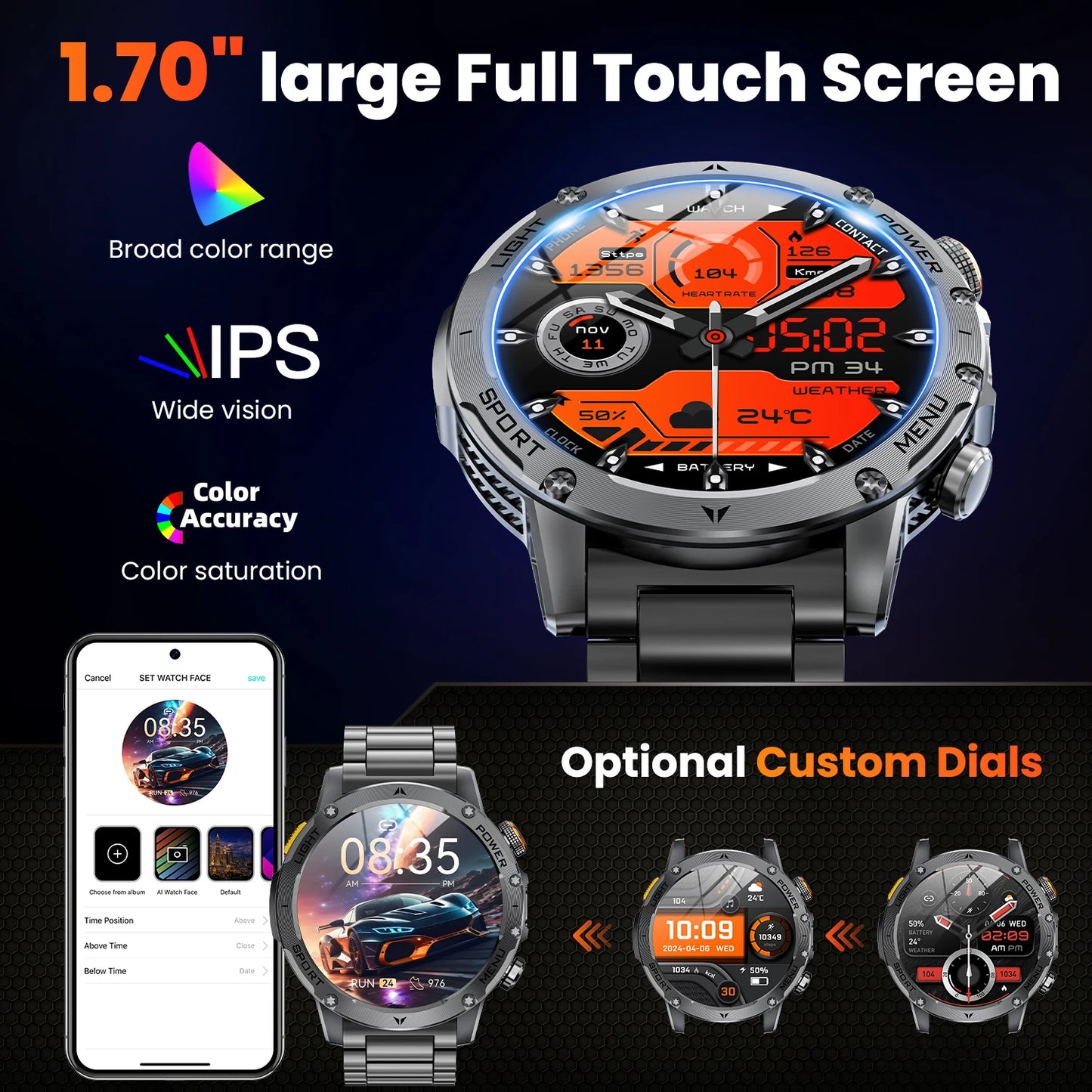 Military Smartwatch For Men 100 Plus Sport Modes Waterproof Bluetooth