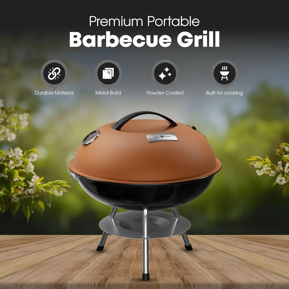 14" Portable Charcoal Grill w/Thermometer, 3-Lock Lid, Dual Vents, Compact for Backyard Camping Boat