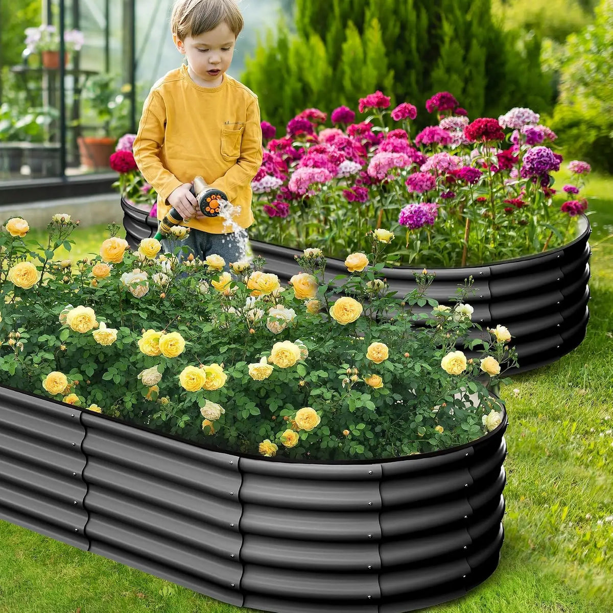 Tacleekii 4.5X2X1.5FT Oval Raised Garden Bed, Large Planter Box for Outdoor Gardening 2 Pack Raised Bed for Gardening Outdoor, Galvanized Steel Garden Bed Kit for Vegetable, Backyard Growing
