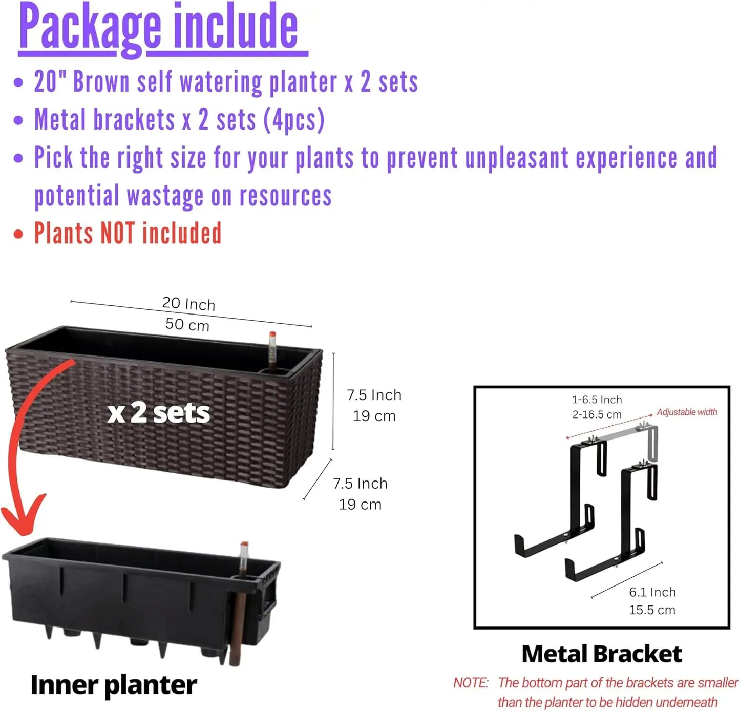 Self-Watering Rail Planter 20" 2-Pack, Black Rectangular Flower Box with Brackets, Rattan Pattern