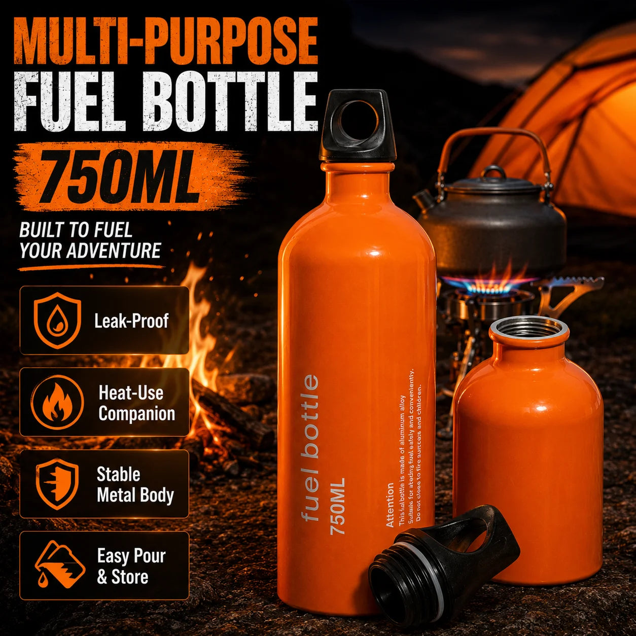 Aluminum Fuel Bottle 750ml Leakproof Portable for Camping and Hiking
