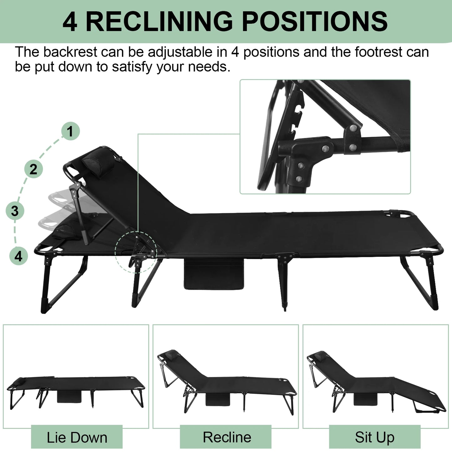 Portable Folding Camping Cot With 3 Position Reclining Chair And Pillow