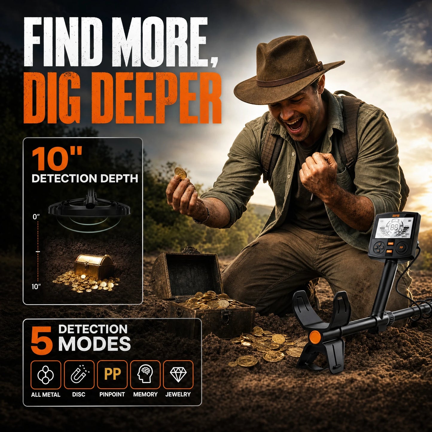 SUNPOW Professional Underground Metal Detector for Adults, 12" (30cm) Waterproof Coil High Precision, 5 Modes Dual Backlit LCD DSP, Adjustable 48-150cm for Gold Treasure Hunting