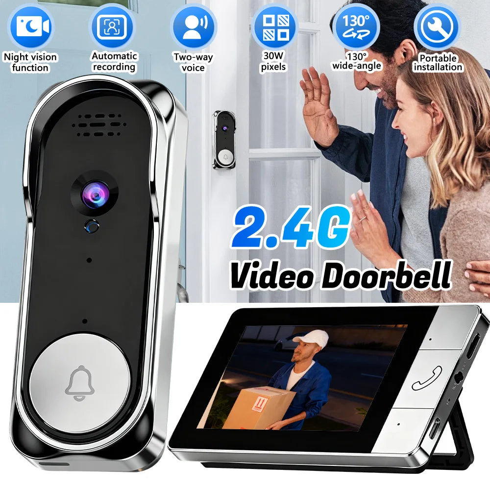 2.4G Wireless Video Doorbell with Indoor Monitor Screen Night Vision Waterproof Intercom Doorbell Camera No Drill Installation Home Security Door Bell