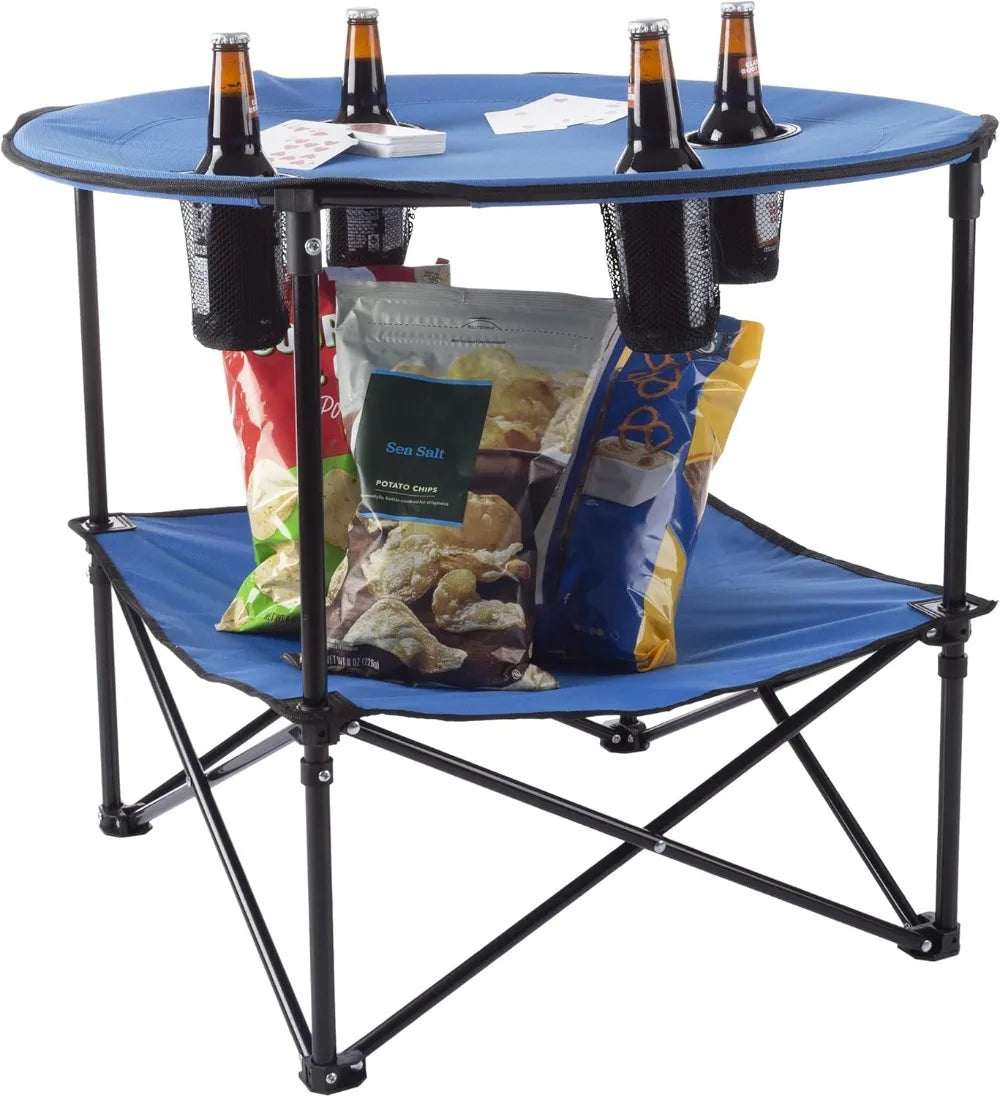 Round Two Tier Portable Folding Table With Cupholders Outdoor Use