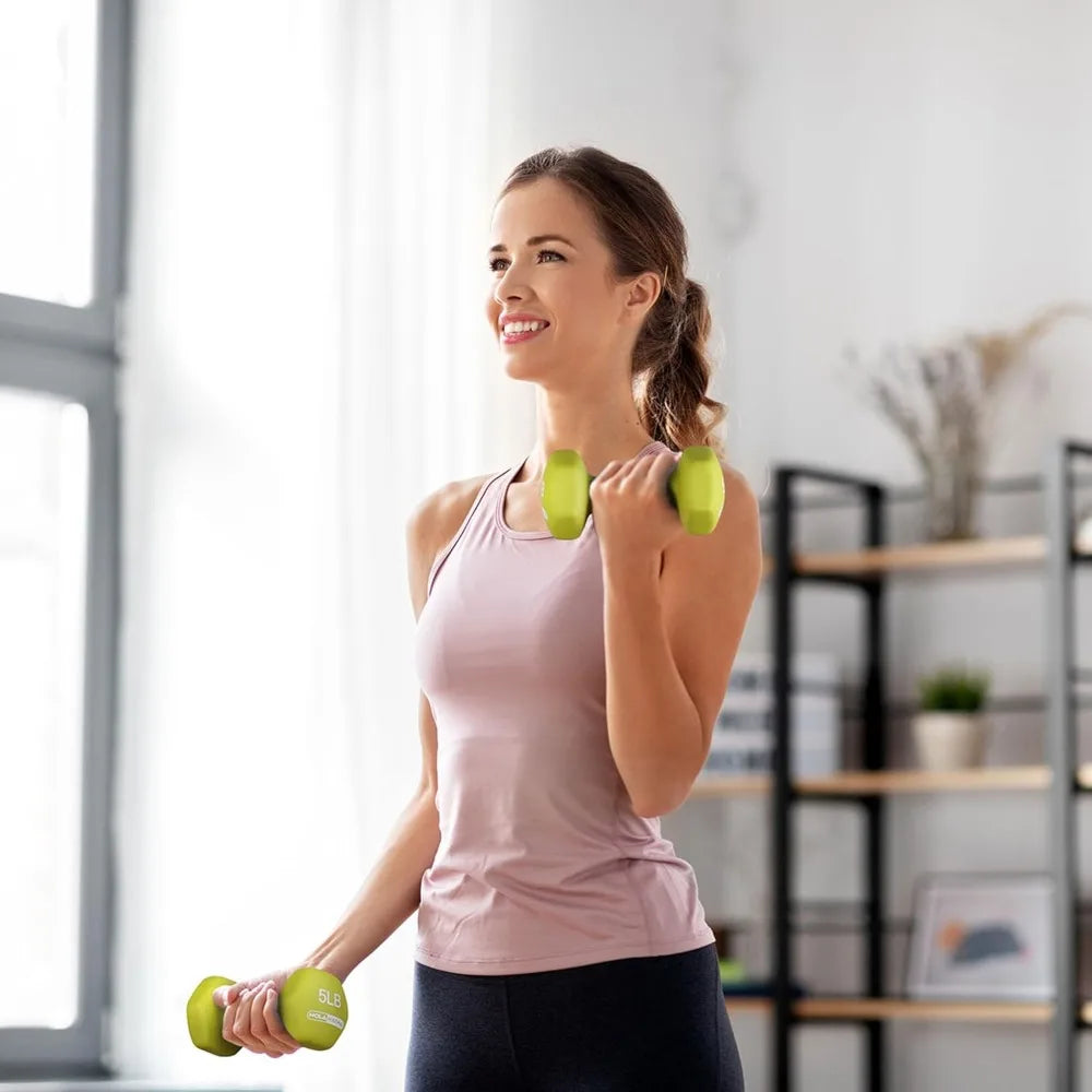 HolaHatha 2, 3, 5, 8, and 10 Pound Neoprene Dumbbell Free Hand Weight Set with Rack, Ideal for Home Exercises to Gain