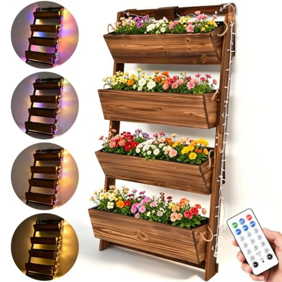 Outdoor Vertical Garden Planter For Herbs And Flowers, Wooden 4-Tier Wall-Leaning Design With Led Lights And Drainage, Natural
