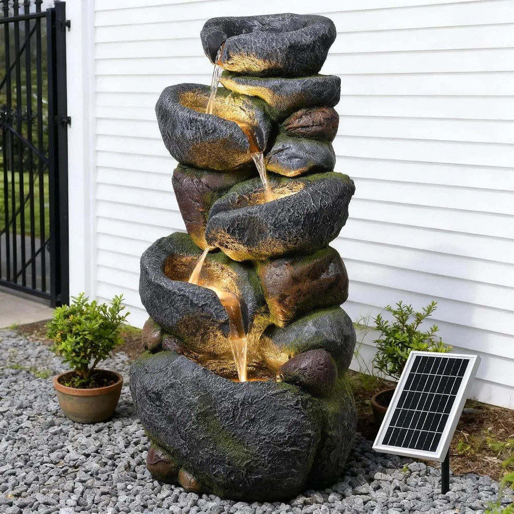 5 Tier Rock Solar Water Fountain With Lights For Outdoor Garden