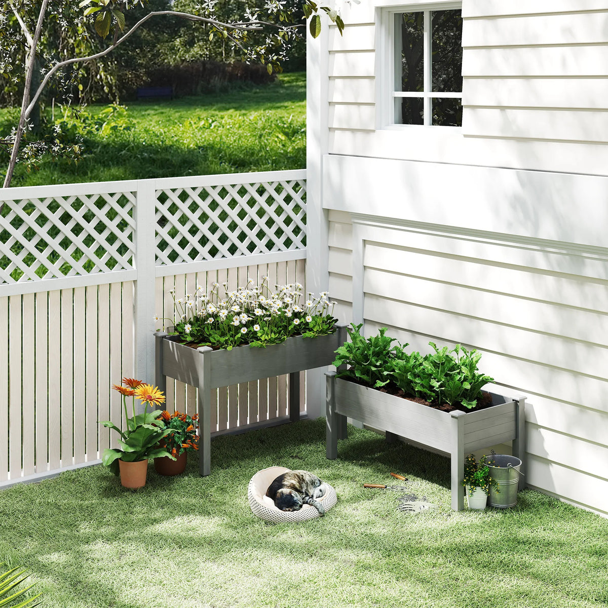 Outdoor/Indoor Raised Garden Bed Elevated Wooden Planter Box w/ 2 Compartments