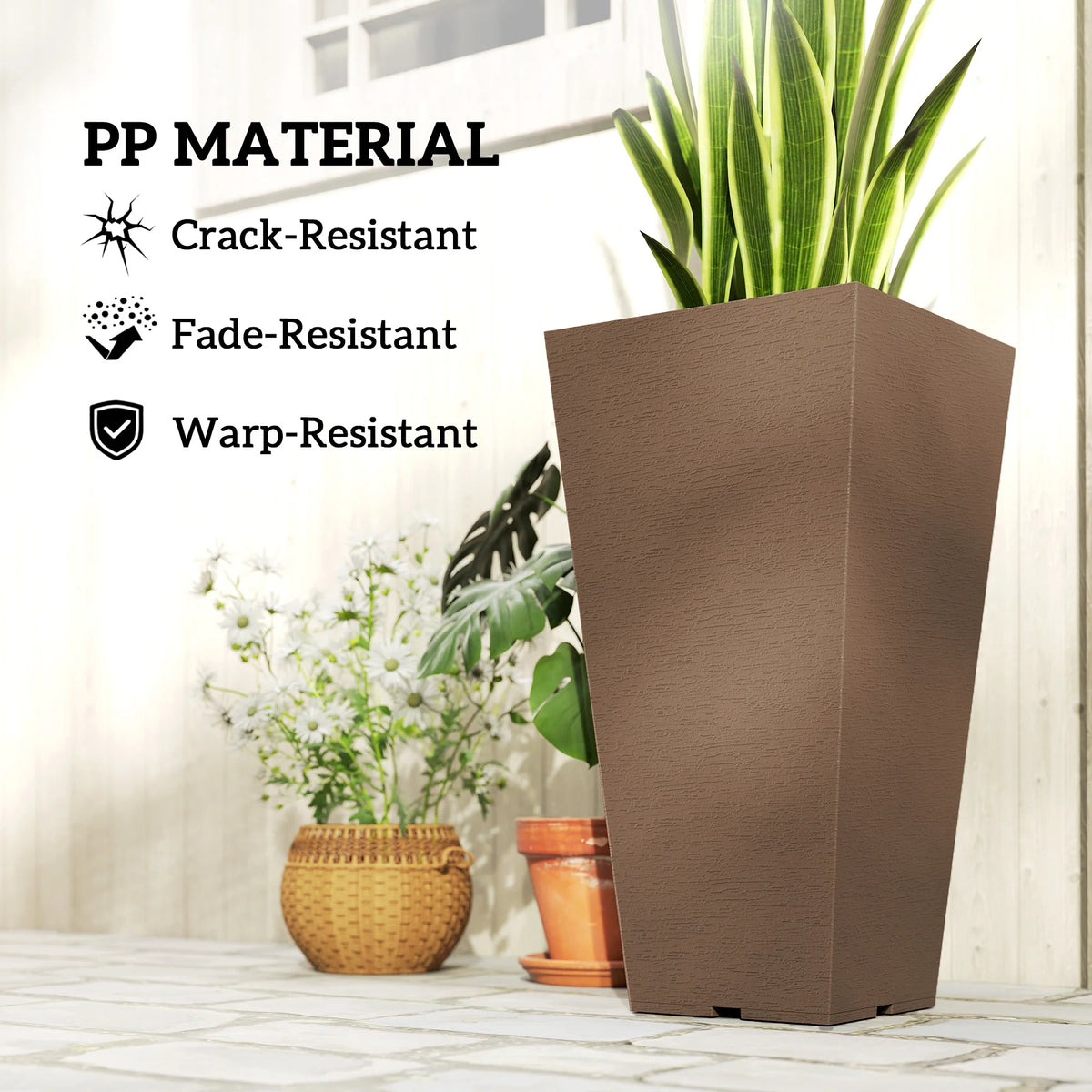 23 Inch Tall Planters, Set of 2 Tapered Outdoor Planters, Brown