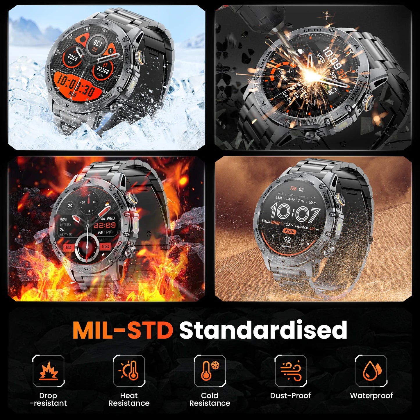 Military Smartwatch For Men 100 Plus Sport Modes Waterproof Bluetooth