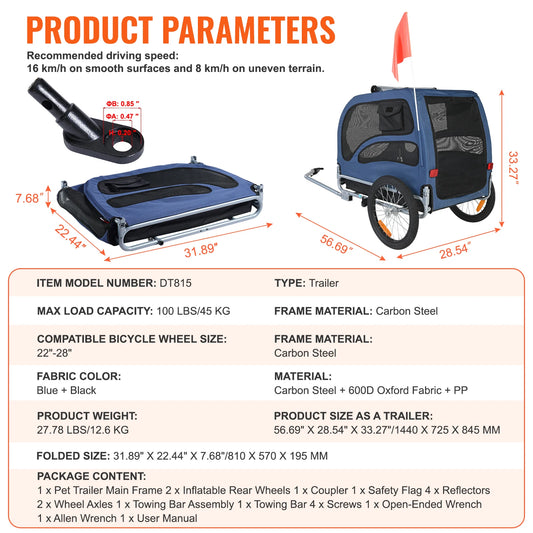 Pet Bike Trailer For Dogs 100 Lb Capacity Foldable