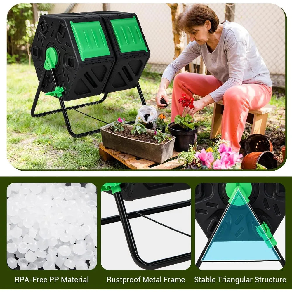 Dual Chamber Compost Tumbler With 360 Degree Rotation BPA Free For Outdoor Use