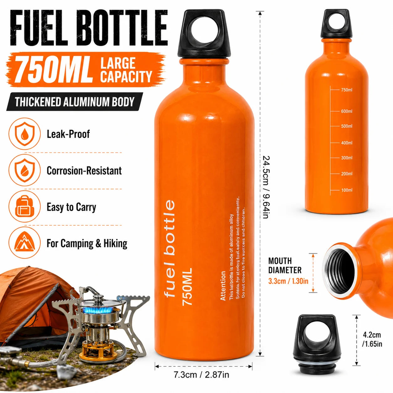 Aluminum Fuel Bottle 750ml Leakproof Portable for Camping and Hiking