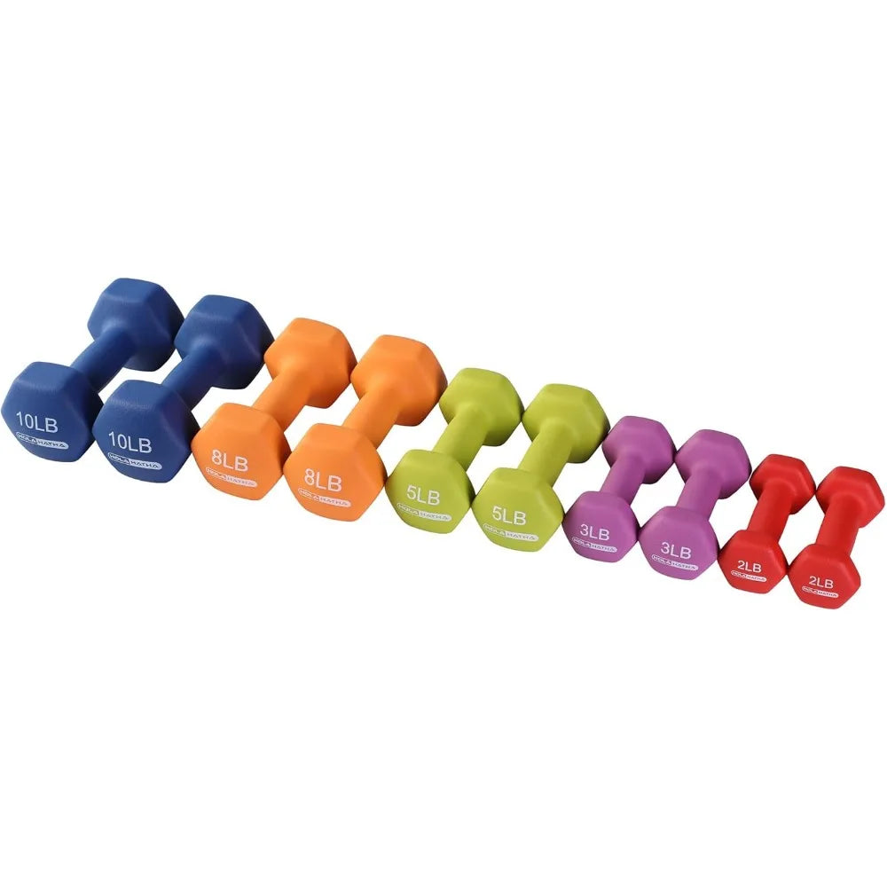 HolaHatha 2, 3, 5, 8, and 10 Pound Neoprene Dumbbell Free Hand Weight Set with Rack, Ideal for Home Exercises to Gain