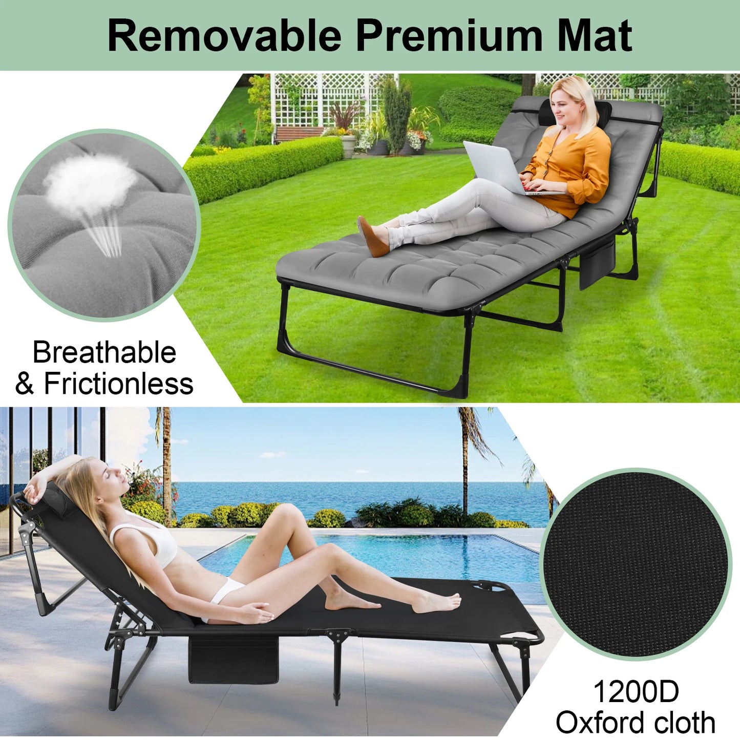 Portable Folding Camping Cot With 3 Position Reclining Chair And Pillow