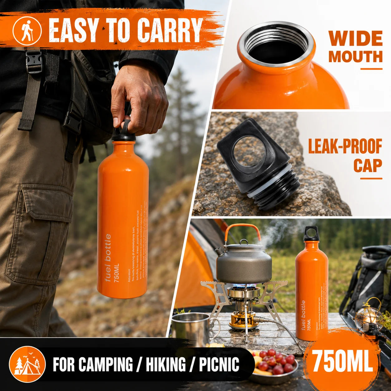 Aluminum Fuel Bottle 750ml Leakproof Portable for Camping and Hiking