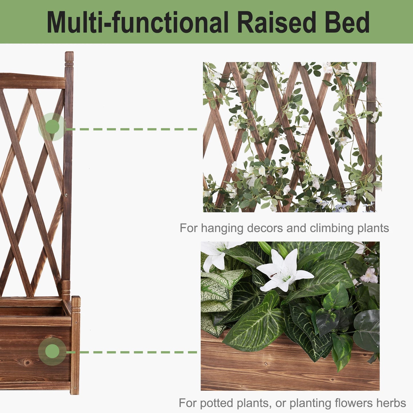 Raised Wooden Garden Bed With Trellis For Vegetable Plants