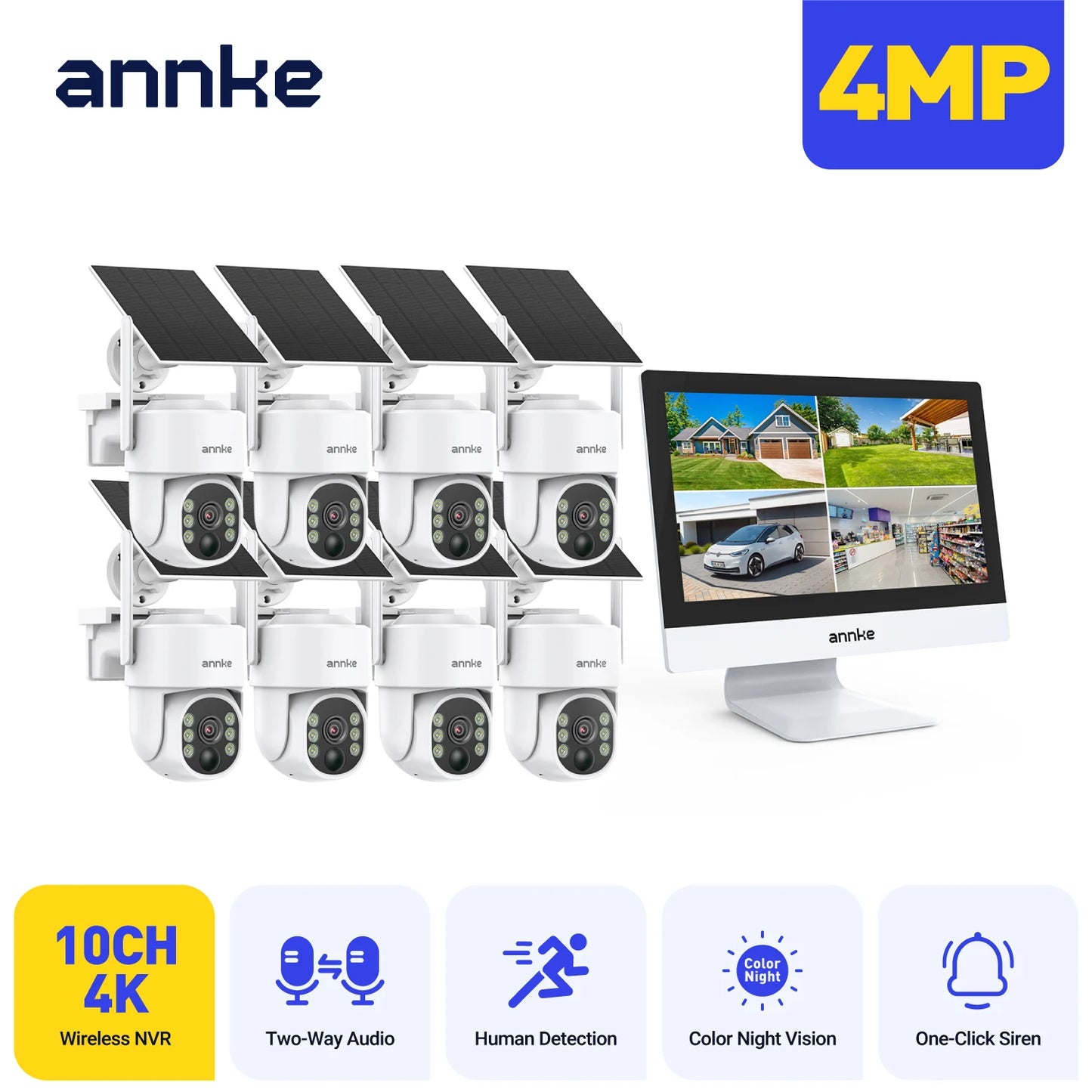 Annke 4MP solar security cameras 10CH 12 in LCD 2.4G 5.8G PTZ wifi security cameras PIR color night vision camera security wifi