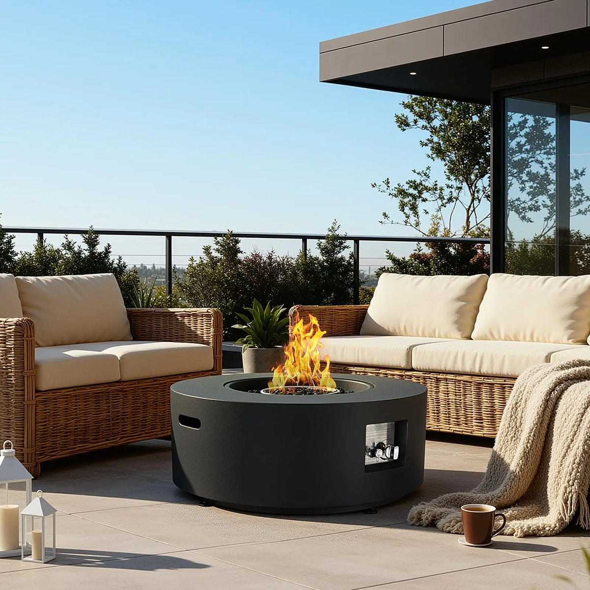 Propane Fire Pit Set - 30" Round Fire Table & Tank Holder, 50,000 BTU Outdoor Fire Pit with Cover, 304 Stainless Burner