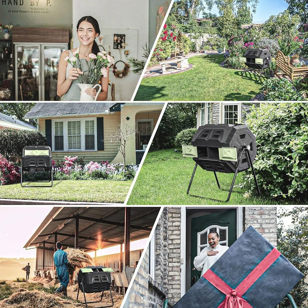 Compost Tumbler Bin Dual Chamber With Thermometer Outdoor