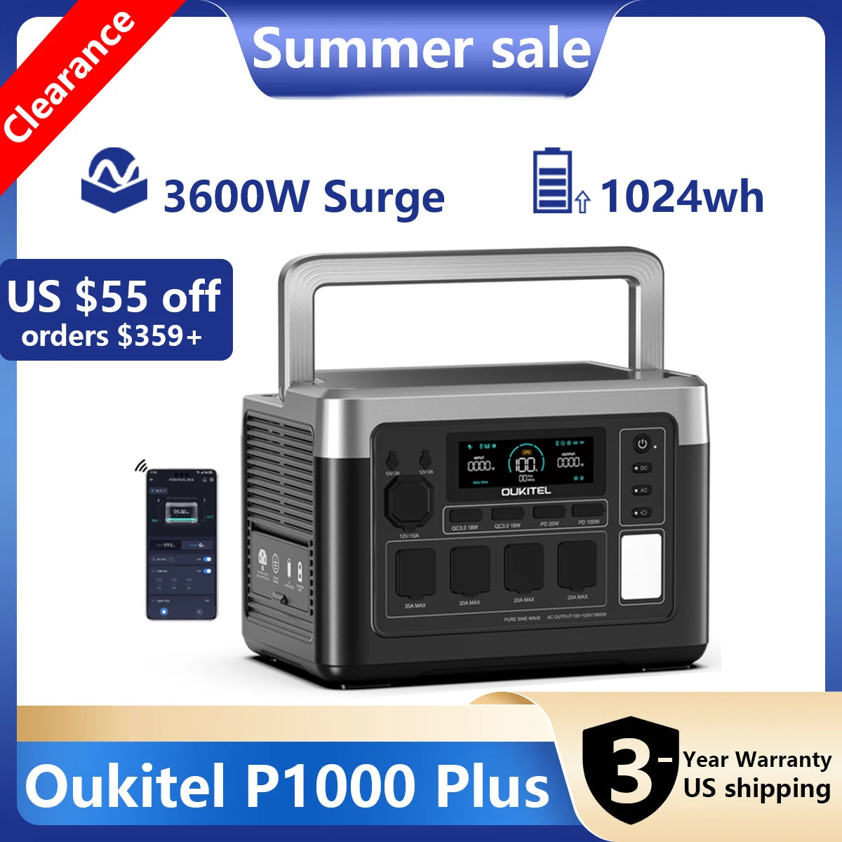 OUKITEL P1000 Plus Portable Power Station 1024Wh LiFePO4 Solar Generator