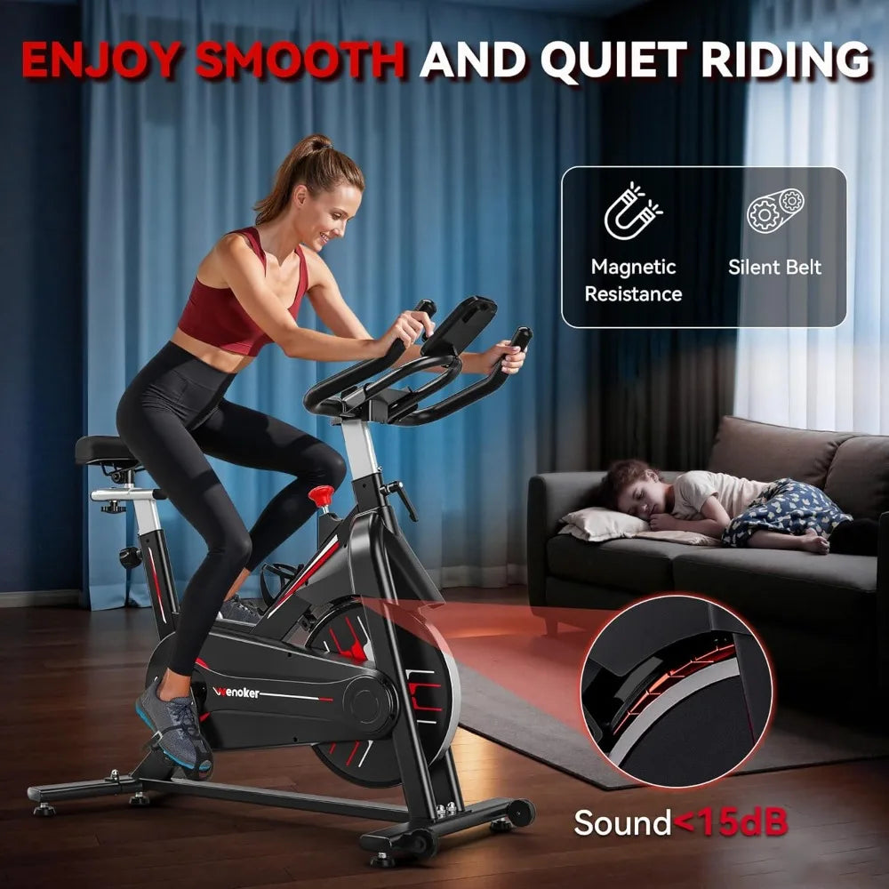 Exercise Bike, Stationary Bike for Home with Adjustable Seat, Multi-grips Handlebar, Transport Wheels, Fitness Courses