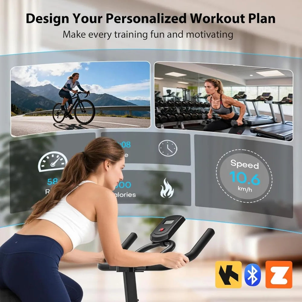 Exercise Bike, Magnetic Stationary Bike for Home with App Sync, Adjustable Seat and Handlebar, Transport Wheels, Fitness Courses for Weight Loss