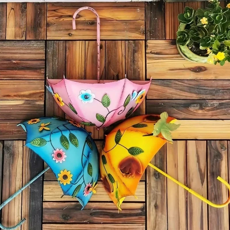 Wall Mounted Metal Umbrella Flower Basket Hanging Planter Stand