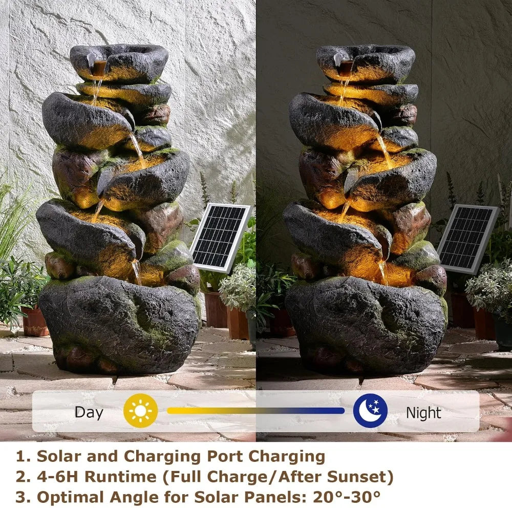 5 Tier Rock Solar Water Fountain With Lights For Outdoor Garden