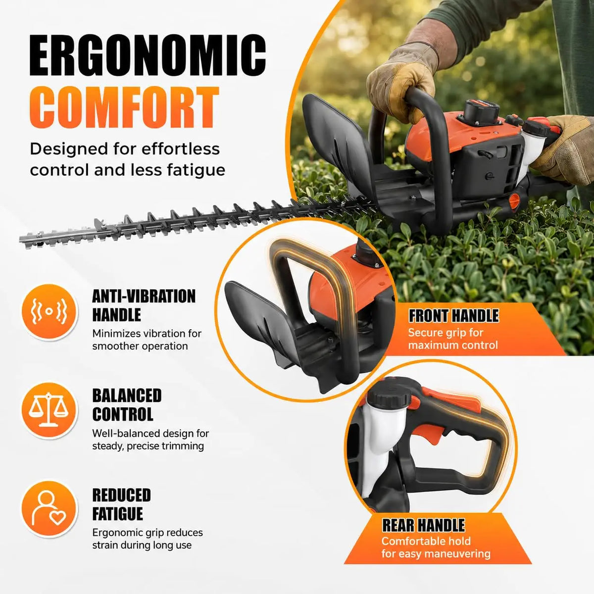 26CC Gas Hedge Trimmer 24 Inch Dual Action Blade Long Reach Cordless 2 Cycle Engine For Bushes Shrubs Branches Yard Garden Care