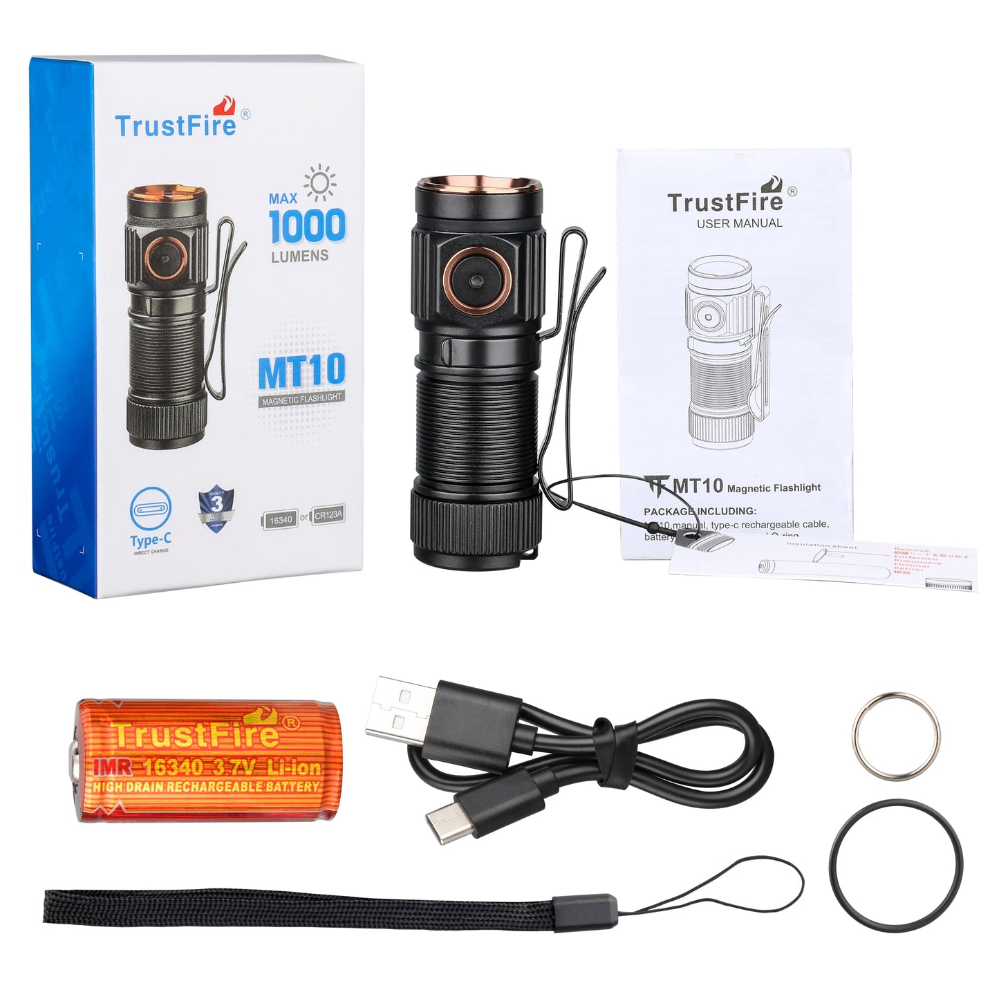 Trustfire MT10 1000 Lumens Mini Flashlight USB-C Charging Portable Rechargeable Lamp 16340 Torch with Magnet Fishing Accessories
