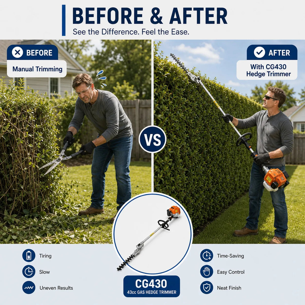 43cc Gas Hedge Trimmer 4 in 1 Garden Tool Long Reach Pole Trimmer Adjustable Cutting Head Brush Cutter Lawn Care Tool Quick Connect Attachment System