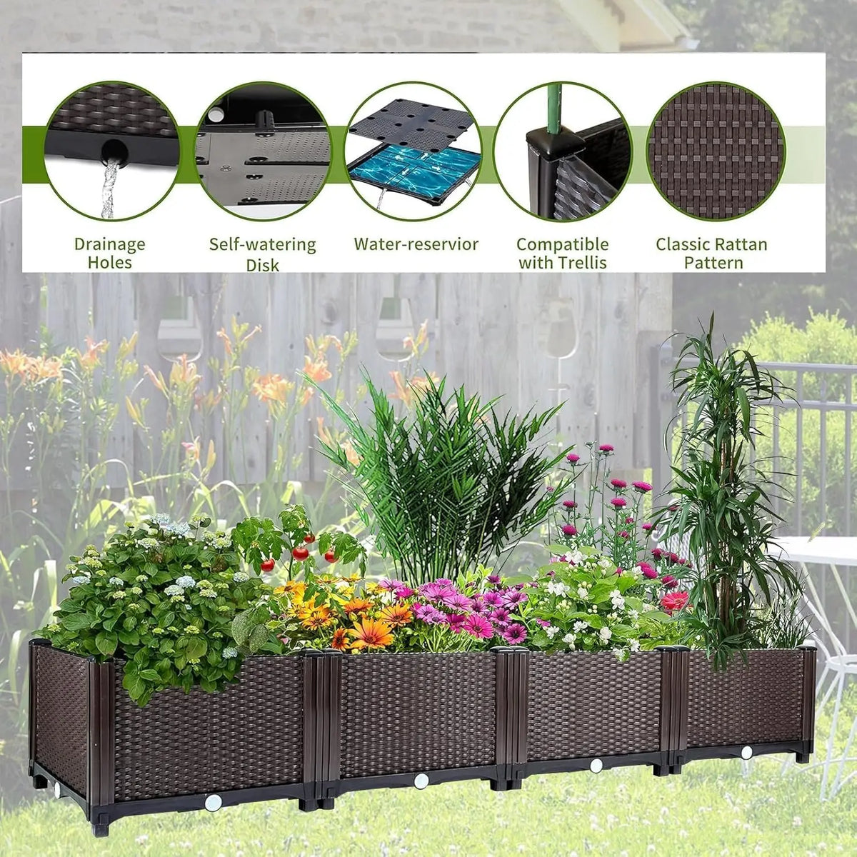 Self-Watering Raised Garden Bed – 160cm Large Plastic Planter Box with Deep Rectangular Rattan Design, Drainage Plug, Weather-Resistant for Outdoor & Indoor Vegetables, Flowers, Herbs, Patio, Balcony